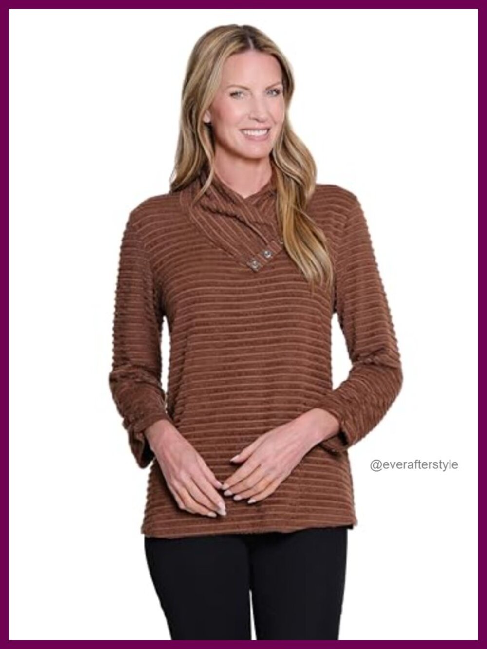 Women's 3/4 Bungee Sleeve 3-Button Shirred Collar Tunic Top